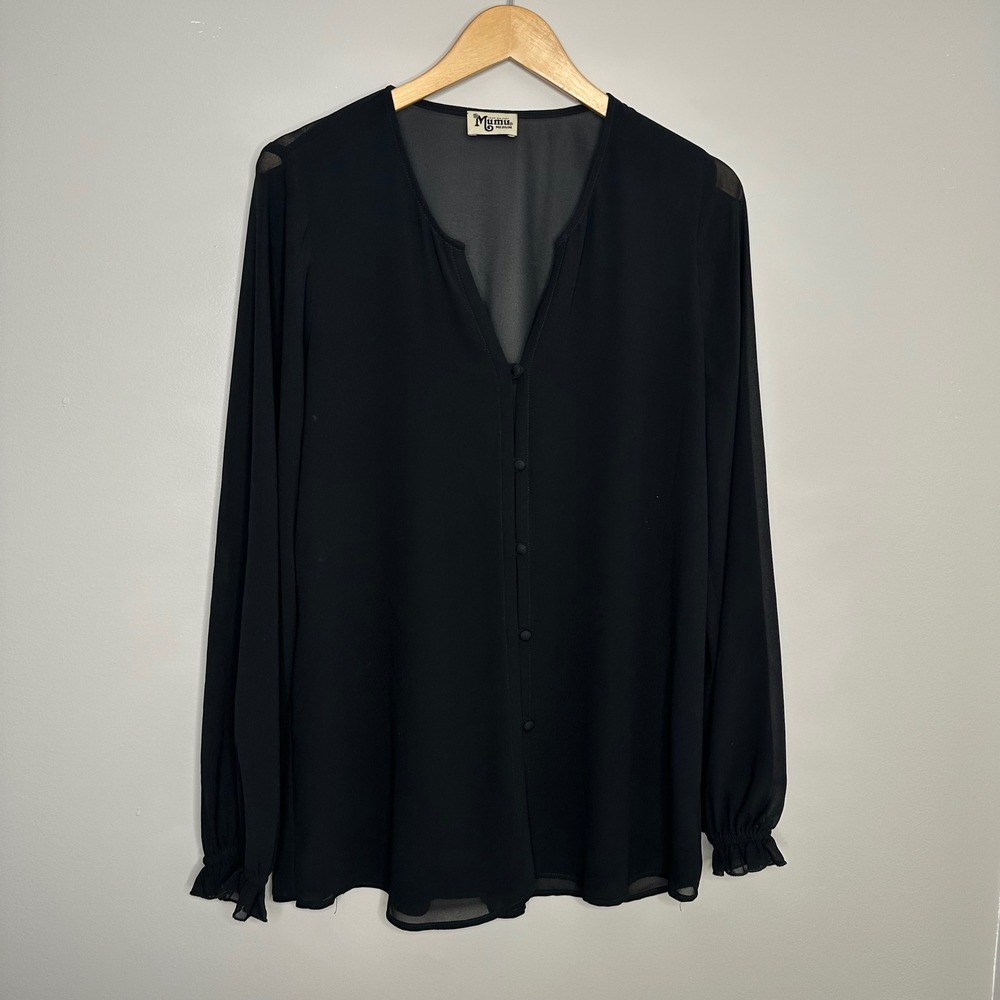 Show Me Your MuMu Women's Black Sheer V Neck Long Sleeve‎ Button Blouse Medium